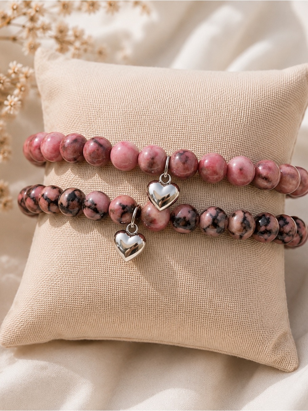 Rhodonite & Pink Zebra Jasper Bracelet Set Silver Heart Charm 2 Pc